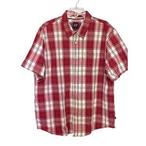New Gap Men's XXL Short Sleeve Button Down Red White Blue Plaid Shirt NWT